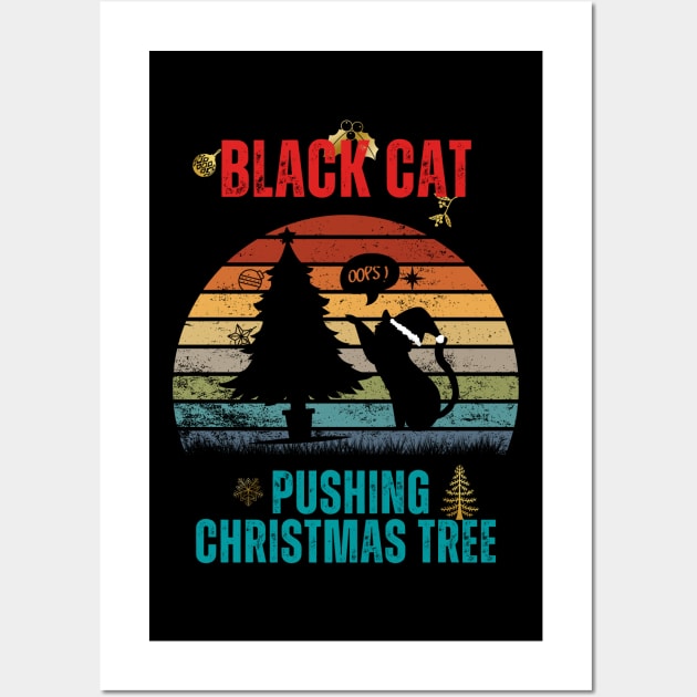 Vintage Retro - Funny Black Cat Pushing Christmas Tree Wall Art by Adam4you